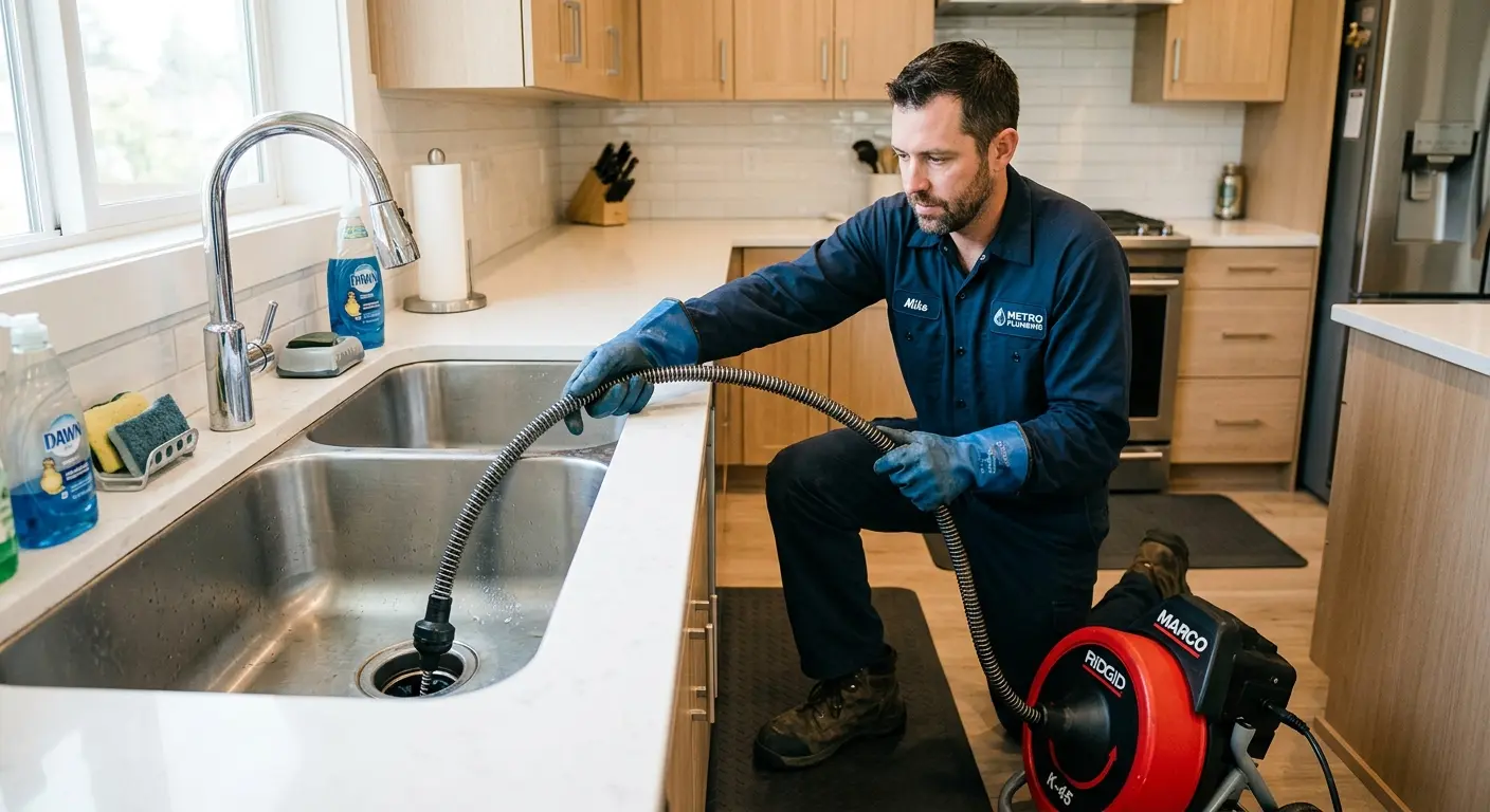 Drain cleaning technician using a motorized snake on a kitchen sink in Gonzalez