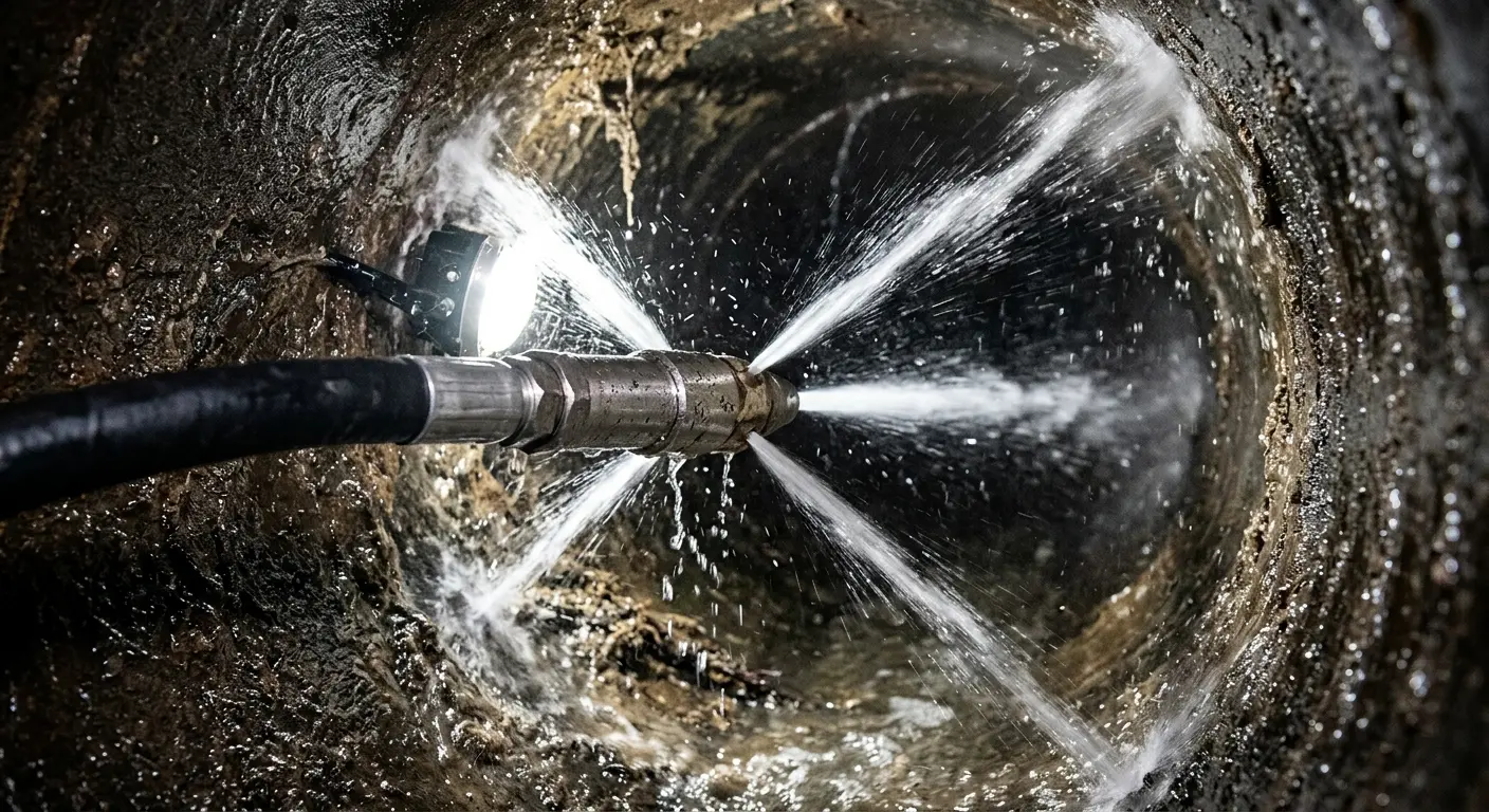 High-pressure hydro jetting nozzle cleaning sewer pipe for Emergency Drain Service in Gonzalez