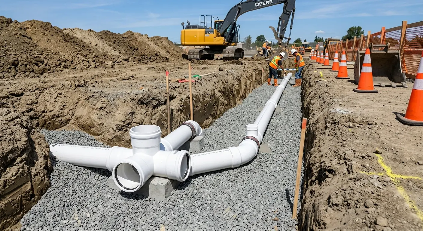 New PVC sewer pipe installation in open trench for Sewer Backup in Gonzalez