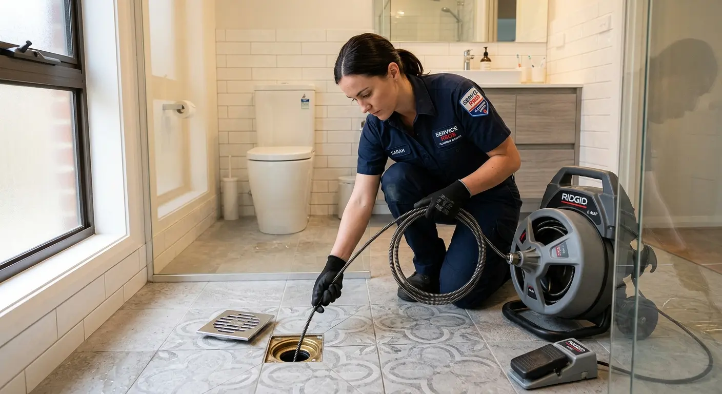 Technician clearing a bathroom floor drain for Hydro Jetting in Gonzalez